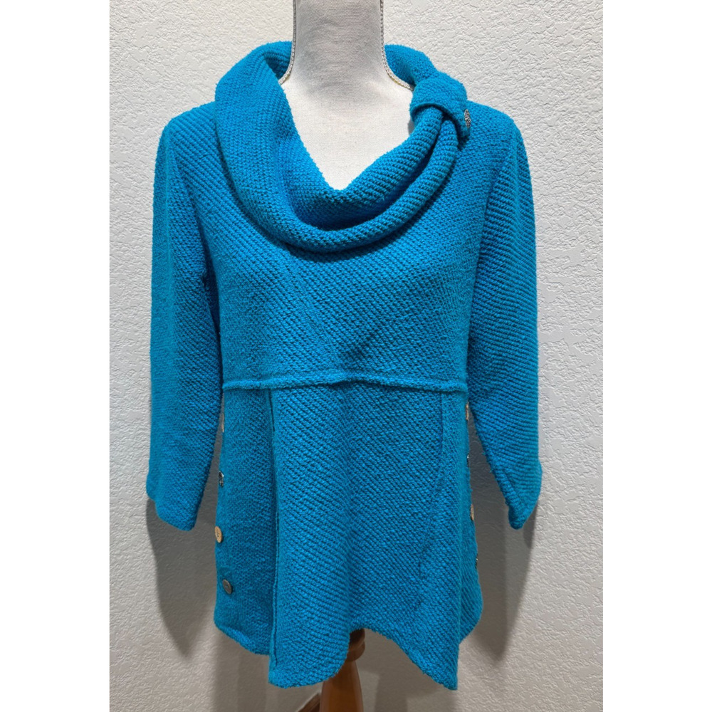 Ali Miles Sweater S Cowl Neck Button Sides Uneven Hem Turquoise Blue Lagenlook